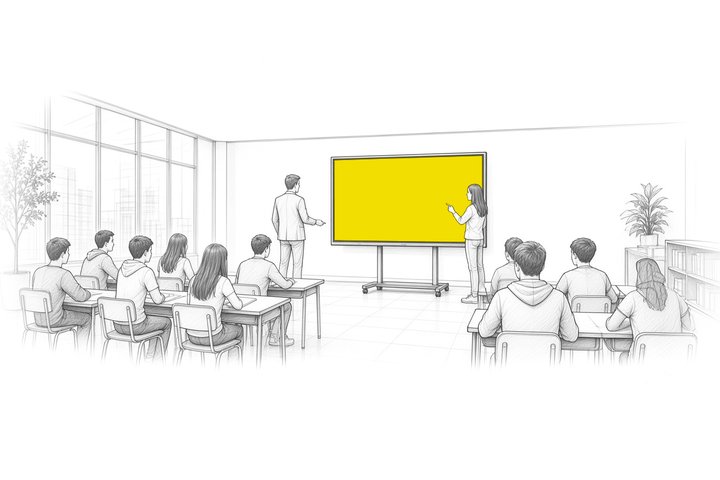 Szkic ołówkiem: klasa z monitorem interaktywnym