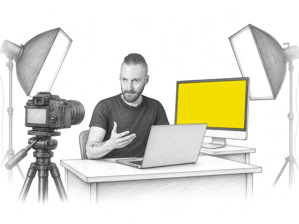 Szkic ołówkiem: test laptopa i monitora przed kamerą w studiu