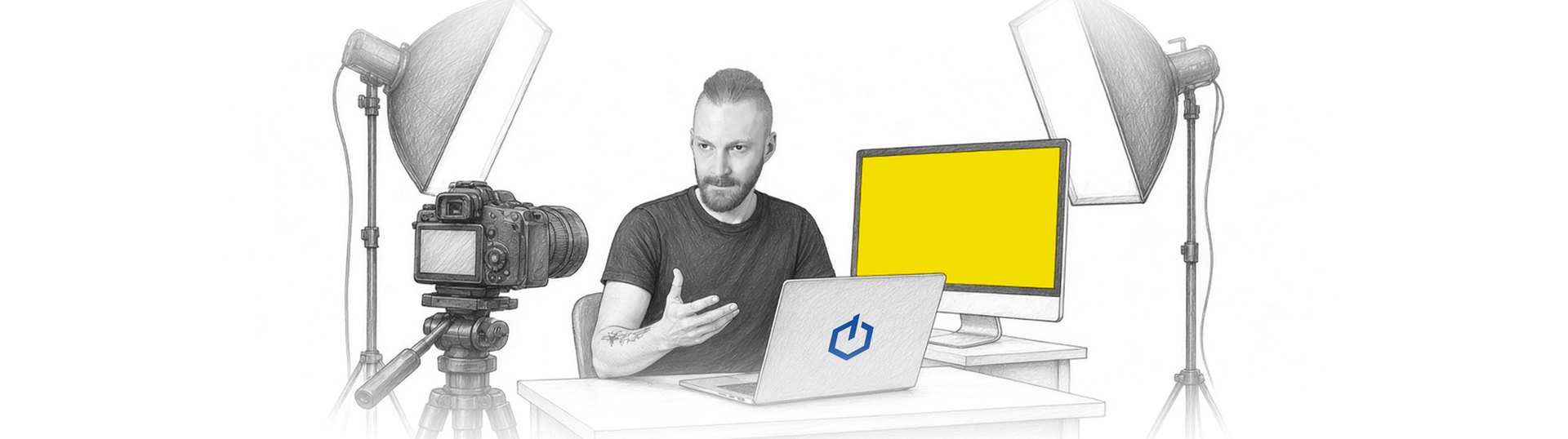 Szkic redaktora testującego laptop w studiu nagraniowym – recenzje sprzętu w portalu techsetter.pl
